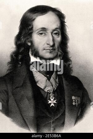 Niccolo Paganini (1782 – 1840) è stato un violista, violista, chitarrista e compositore italiano. Era il virtuoso violino più celebrato del suo tempo, e. Foto Stock