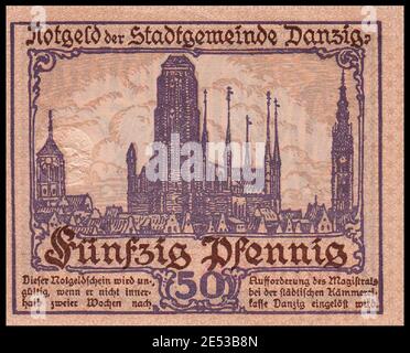 Banconota da Danzig (città) con denaro di emergenza (notgeld). 50 pfennig. Sullo sfondo poteva vedere la Chiesa di Santa Maria. Aprile 1919 la Città libera di Danzig (in tedesco Foto Stock