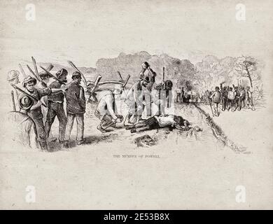 L'assassinio di Powell. STATI UNITI. 1872 l'illustrazione mostra un gruppo di lavoratori immigrati irlandesi con club che si erigano sul corpo del lavoratore afroamericano De Foto Stock
