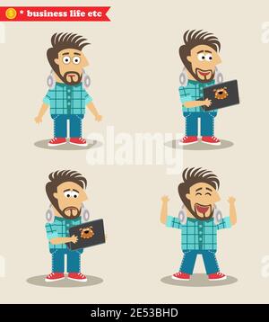 Vita dell'azienda. Condito addetto IT emozioni in pose, set permanente illustrazione vettoriale Illustrazione Vettoriale