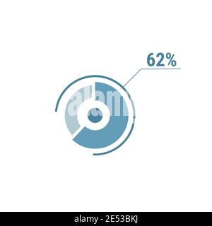Diagramma circolare grafico a torta del sessantadue percento 62. Diagramma vettoriale della percentuale del cerchio. Illustrazione vettoriale piatta per il design dell'interfaccia utente Web, sfondo blu su bianco. Illustrazione Vettoriale