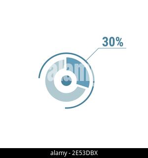Grafico del 30%, diagramma del 30%. Disegno grafico circolare vettoriale per la progettazione dell'interfaccia utente Web. Immagine vettoriale piatta blu su sfondo bianco. Illustrazione Vettoriale