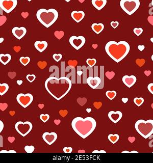 Motivo rosso con cuori. Cuori di pattern caotici. Campitura vettoriale senza giunture di cuori bianchi su sfondo rosso. Sfondo per giorno di valentines o amore di scheda. Illustrazione Vettoriale