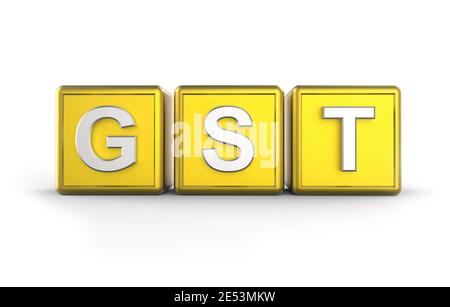 Illustrazione 3D del testo GST in colore dorato - merci e tassa di servizio Foto Stock