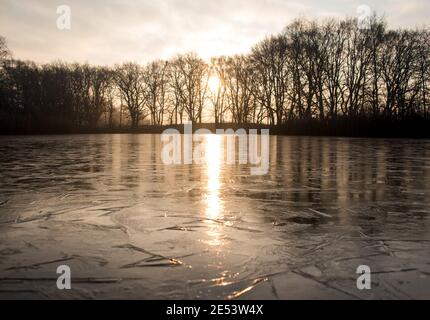 Amburgo, Germania. 26 gennaio 2021. Un lago è coperto da un sottile strato di ghiaccio nel distretto di Billwerder, nella riserva naturale Boberger Niederung. Credit: Daniel Bockwoldt/dpa/Alamy Live News Foto Stock