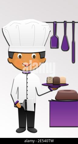 Fumetto di un simpatico Chocolatier Chef felice, in uniforme, con alcuni strumenti da cucina. Questa illustrazione fa parte di una raccolta di diverse professioni. Foto Stock