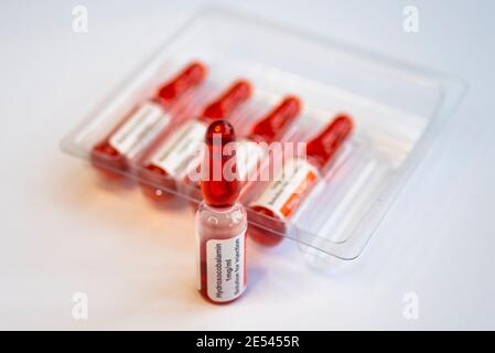 Fiale di acetato di idrossicobalamina, vitamina B12a. Soluzione iniettabile di colore rosso nel trattamento della carenza di vitamina B12. ACCORD Healthcare Foto Stock