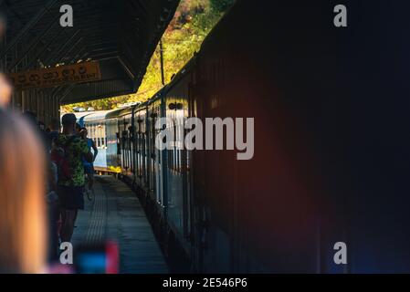 Treno passeggeri blu che arriva alla stazione ferroviaria dello Sri Lanka. Turisti in attesa del treno. Incorniciato da persone. Foto Stock