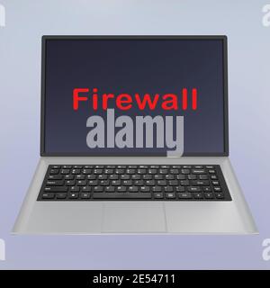 Illustrazione 3D del titolo del firewall sullo schermo di un computer portatile, isolato su un gradiente blu chiaro come sfondo. Foto Stock