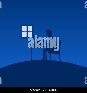 uomo che usa smartphone dopo cena in cucina con sfondo blu ombreggiato vettore di illustrazione. Illustrazione Vettoriale