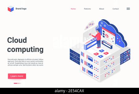 Illustrazione vettoriale isometrica del servizio di cloud computing. Cartoon 3d minuscolo carattere utilizzando l'infrastruttura del server cloud, lavorando online con i dati sul dashboard digitale, landing page della tecnologia moderna Illustrazione Vettoriale