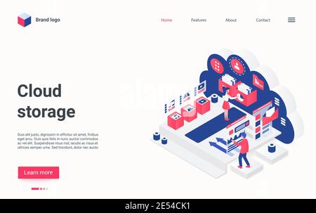 Illustrazione vettoriale isometrica del concetto di cloud storage. Gli utenti 3D di Cartoon caricano contenuti di file multimediali digitali, memorizzando cartelle su server di database di hosting del provider, landing page di gestione dei dati Illustrazione Vettoriale