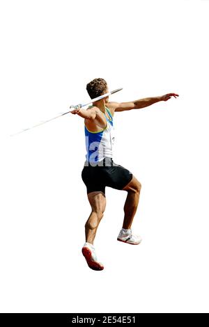 atleta maschile javelin tiro isolato su sfondo bianco Foto Stock