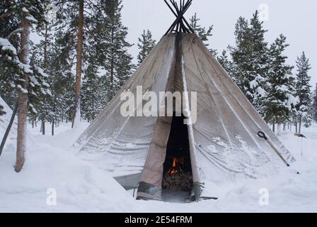 Sami (Laplander) tenda, renne Safari, Jukkasjarvi, Svezia Foto Stock