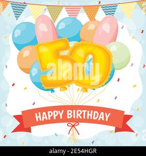 Felice biglietto d'auguri di compleanno con palloncino grande numero di foglio, palloncini colorati, decorazioni garlands e confetti. Illustrazione vettoriale Illustrazione Vettoriale