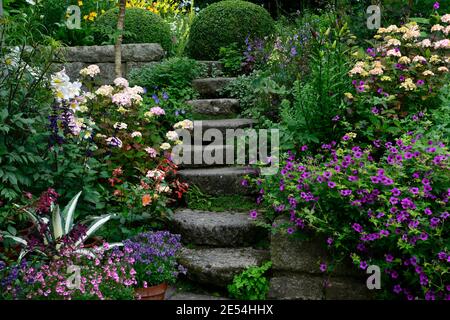 Hydrangea preziosa,lilium regale,giglio regale,geranio anne thomson,agave mediopicta aurea,nemesia,hydrangee e gigli,rosa fiori bianchi, fioritura c Foto Stock