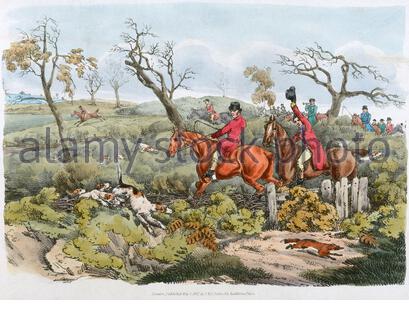 Fox Hunting with Horses, Inghilterra, illustrazione vintage del 1817. Originale di Henry Thomas Alken. Foto Stock