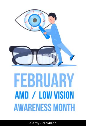 AMD, l'evento del mese della consapevolezza della visione bassa viene celebrato a febbraio. Oftalmologo medico oculista controllo vista su vettore concettuale. Illustrazione del medico oculare per Illustrazione Vettoriale