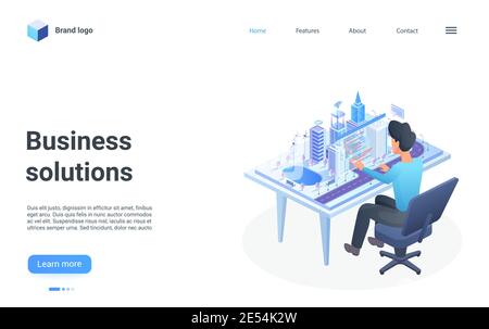 Illustrazione vettoriale isometrica del concetto di soluzione aziendale. Personaggio di Cartoon 3d uomo d'affari seduto di fronte al moderno modello di layout della città con grattacieli del centro, torre degli uffici aziendali landing page Illustrazione Vettoriale