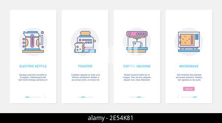 Elettrodomestici da cucina, illustrazione vettoriale di apparecchiature domestiche. UX, UI onboarding mobile app page screen set con linea utensili da cucina, bollitore elettrico tostapane macchina da caffè simboli microonde Illustrazione Vettoriale