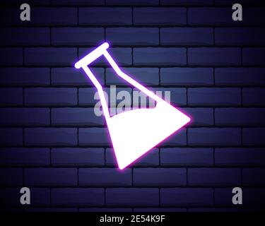 Luminoso segno al neon digitale medico-scientifico blu luminoso per un negozio di farmacia o un laboratorio ospedaliero. Una bella beuta o provetta lucida su un mattone Illustrazione Vettoriale