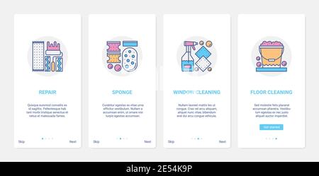 Accessori per la pulizia, illustrazione vettoriale. UX, UI onboarding mobile app page set con linea generale pulizia e riparazione di pulizia e pulizia, rullo di spugna vernice, finestra e detergente per pavimenti Illustrazione Vettoriale