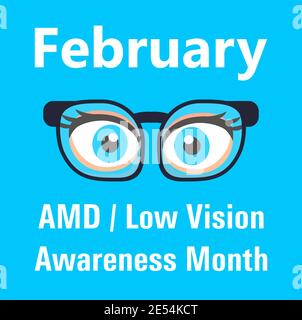AMD, l'evento del mese della consapevolezza della visione bassa viene celebrato a febbraio. Oftalmologo medico oculista controllo vista su vettore concettuale. Vengono mostrati gli occhiali. Illustrazione Vettoriale