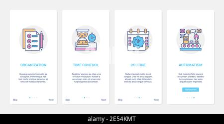 Gestione aziendale, illustrazione vettoriale del concetto di controllo del tempo. UX, UI onboarding mobile app page set di schermate con organizzazione della pianificazione delle ore di linea, routine di pianificazione, simboli astratti di automazione delle macchine Illustrazione Vettoriale