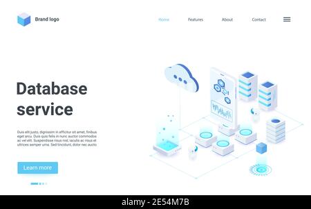 Illustrazione vettoriale isometrica del servizio cloud del database. Servizio internet 3d Cartoon per lo scambio di file di dati informativi tra telefono cellulare e archiviazione su cloud, database di landing page dei server Illustrazione Vettoriale