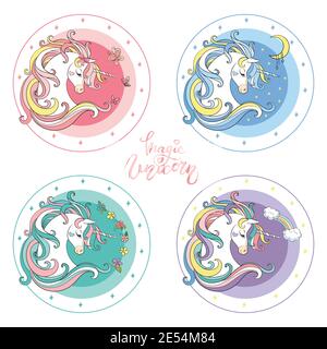 Set di quattro colorati simpatici unicorno cartoon. Illustrazione vettoriale isolata. Per cartoline, poster, design per vivai, biglietti d'auguri, adesivi, arredamento della stanza, n Illustrazione Vettoriale