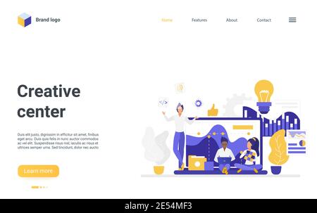 Centro di innovazione creativa, illustrazione vettoriale del concetto di lavoro dello studio d'ufficio. Il designer di cartoni animati collabora insieme, collaborando con il team, per creare una landing page innovativa per i prodotti idea Illustrazione Vettoriale