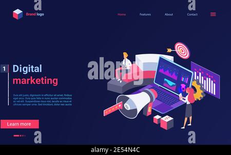 Illustrazione vettoriale isometrica della tecnologia di marketing digitale. Cartoon 3d marketing persone in piedi accanto al megafono e laptop con dati grafici sullo schermo, lavorare con il pubblico e la landing page dei contenuti Illustrazione Vettoriale