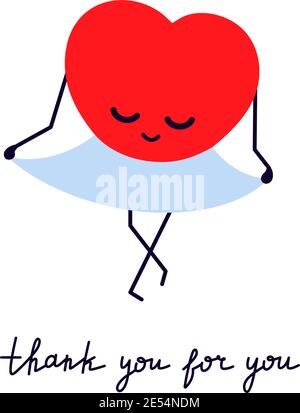 Grazie per la vostra collaborazione. Cuore rosso sorridente in una gonna blu. Inchino in gratitudine. Biglietto d'auguri con carino carattere kawaii. Lettere moderne. San Valentino Illustrazione Vettoriale