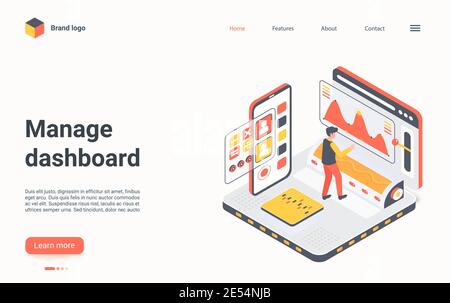 Le persone gestiscono l'illustrazione vettoriale isometrica del dashboard. Cartoon 3d manager designer personaggio lavorando su analisi dei dati, processo creativo digitale di gestione grafici statistici e landing page grafici Illustrazione Vettoriale