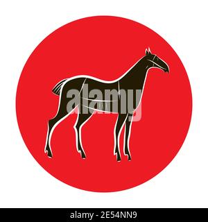 Nero e bianco aggraziata silhouette a cavallo. Elegante contorno a cavallo su sfondo a cerchio rosso. Idea per stalle, fattorie, corse di cavalli, tatuaggi, adesivi. Illustrazione Vettoriale