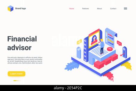 Illustrazione vettoriale isometrica del servizio di consulente finanziario. Cartoon 3d esperto manager consulenza carattere, consulente aziendale che lavora su grafici di report, pagina di destinazione ricerca analisi finanziaria economica Illustrazione Vettoriale