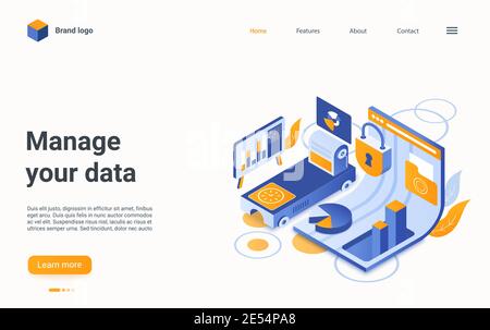 Gestire il concetto di dati, illustrazione vettoriale isometrica. Cartoon 3d database server storage tecnologia per la memorizzazione e il trattamento dei risultati delle informazioni, protezione dei dati personali di finanza landing page Illustrazione Vettoriale