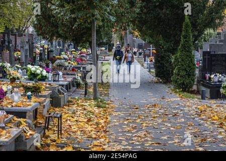 Vicolo con tombe sul cimitero di Wolski nella città di Varsavia, pochi giorni prima della festa di tutti i Santi in Polonia Foto Stock