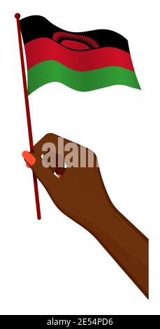La mano femminile tiene delicatamente una piccola bandiera della Repubblica del Malawi. Elemento di design per le vacanze. Vettore cartoon su sfondo bianco Illustrazione Vettoriale