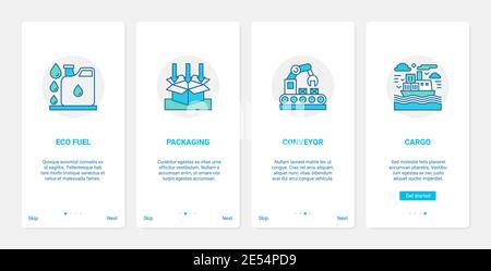 Illustrazione vettoriale della tecnologia di erogazione eco. UX, UI onboarding mobile app page set con linea carburante eco, automazione del processo di imballaggio in cartone su trasportatore, simboli di spedizione del carico Illustrazione Vettoriale