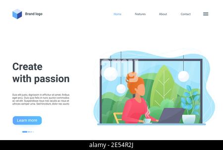 Crea con illustrazione vettoriale del concetto di passione. Personaggio donna creatore di cartoni animati seduto con il laptop in interni moderni luoghi di lavoro, lavoro e creazione di contenuti, creativo landing page design piatto Illustrazione Vettoriale