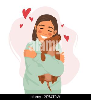 Felice donna sorridente ama e abbracca un cane dachshund. Amore per gli animali. Illustrazione Vettoriale