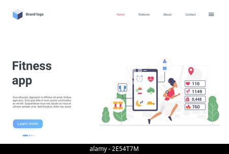 Illustrazione vettoriale della tecnologia dell'app fitness. Il personaggio di Cartoon Woman Running, il jogging in un sano allenamento sportivo urbano con dispositivi intelligenti, l'allenamento con la landing page delle app intelligenti del tracker Illustrazione Vettoriale