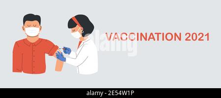 Vaccinazione 2021. Il medico o l'infermiere che indossa una maschera protettiva inietta un vaccino nell'uomo. Concetto di salute e vaccino antinfluenzale. Immagine piatta vettoriale Illustrazione Vettoriale