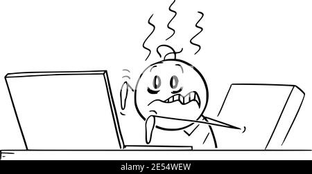 Stressato, overworked, uomo malato, blogger o lavoratore d'ufficio sta lavorando o digitando su computer, vettore cartoon stick figura o illustrazione di carattere. Illustrazione Vettoriale