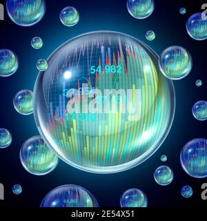 Il concetto di bolla del mercato azionario e l'economia sopravvalutata come crisi finanziaria, in quanto i prezzi azionari gonfiati finanziano il rischio per gli investitori e speculativi. Foto Stock