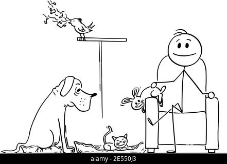 Felice uomo godendo seduto in sedia con il suo cane, coniglio, uccello e gatto intorno, cartoon vettore figura bastone o illustrazione di carattere. Illustrazione Vettoriale