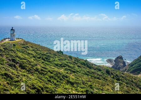 Vista del faro di Cape Reinga, Northland, Isola del Nord, Nuova Zelanda Foto Stock