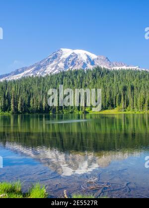 Una delle viste più iconiche del Monte Rainier nel parco si trova a Reflection Lakes. Foto Stock