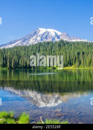 Una delle viste più iconiche del Monte Rainier nel parco si trova a Reflection Lakes. Foto Stock